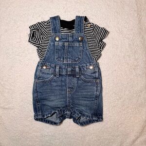 Old Navy Black & White Striped Tee with Blue Denim Short Overalls
